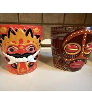 2 Orange/ Brown Mayan/Inca Themed Artwork, "Princess Cruises."  Cup/Vase New